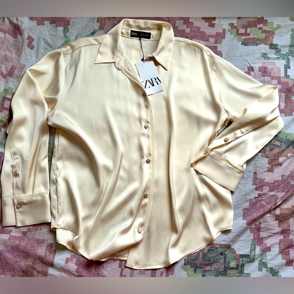 NWT Zara SET Cream Ecru Mixed Organza Satin Effect Blouse Skirt L XL - Picture 15 of 16